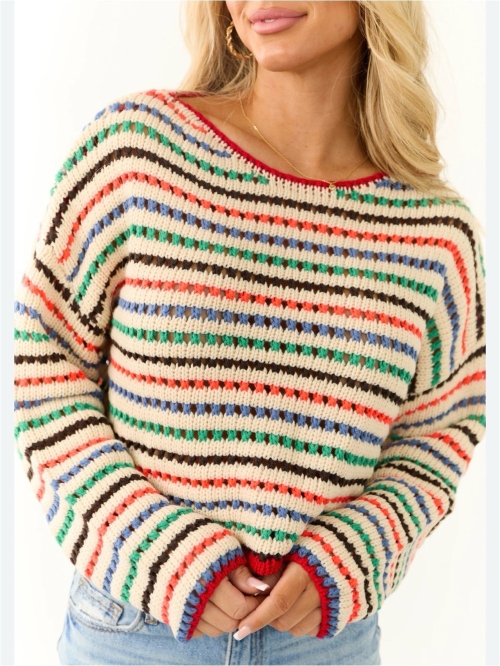 Le Lis Cream Multicolor Striped Crochet Open Knit Crop Boho Sweater Sz Sm